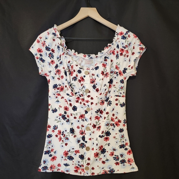 Red Blue Floral Babydoll Top Size M‎ Retro Y2K Coquette Americana Girlhoodcore - Picture 3 of 9